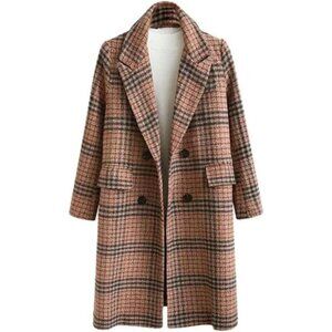 Winter Oversize Lapel Collar Woolen Plaid Double Breasted Long Peacoat Jacket